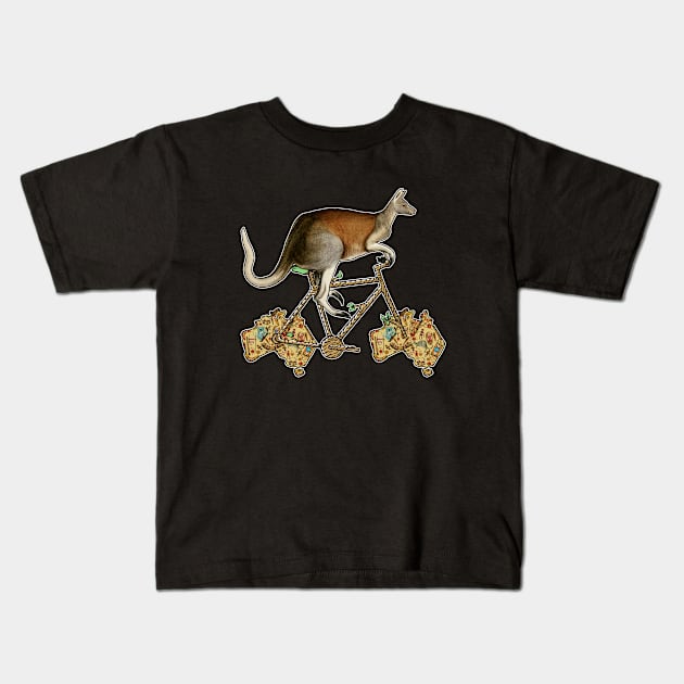 Australian Kangaroo Biker, Australian Kangaroo Riding Bicycle, Funny Map of Australian, Animal Lover Aussie Cyclist Kangaroo Humor for Cycling Lovers Australians, Retro Vintage Aesthetic Kangaroo Punetro Vintage Aesthetic Kangaroo Pun Kids T-Shirt by BicycleStuff